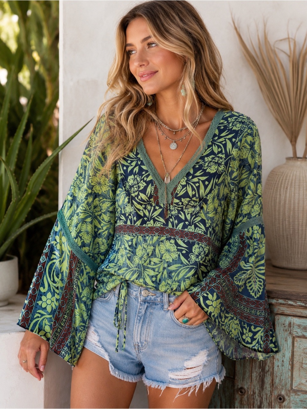 Karma Highway Green Boho Bell Sleeve Top | NWT | One Size | Festival Hippie